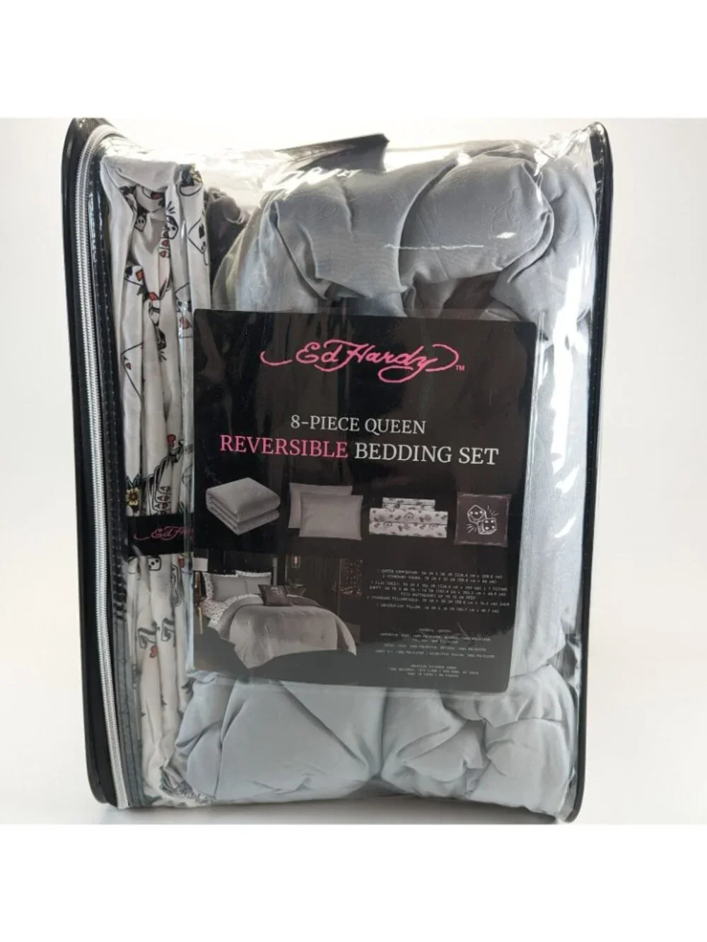 Ed Hardy Queen Comforter Bed Set w Shams Pillow Sheets Black White Dice Skull